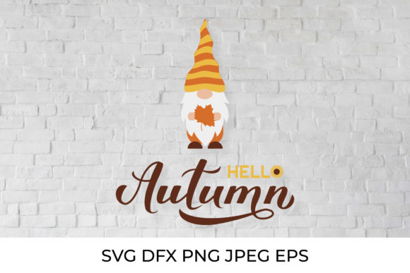 Hello Autumn. Fall Gnome Holding Leaf Graphics